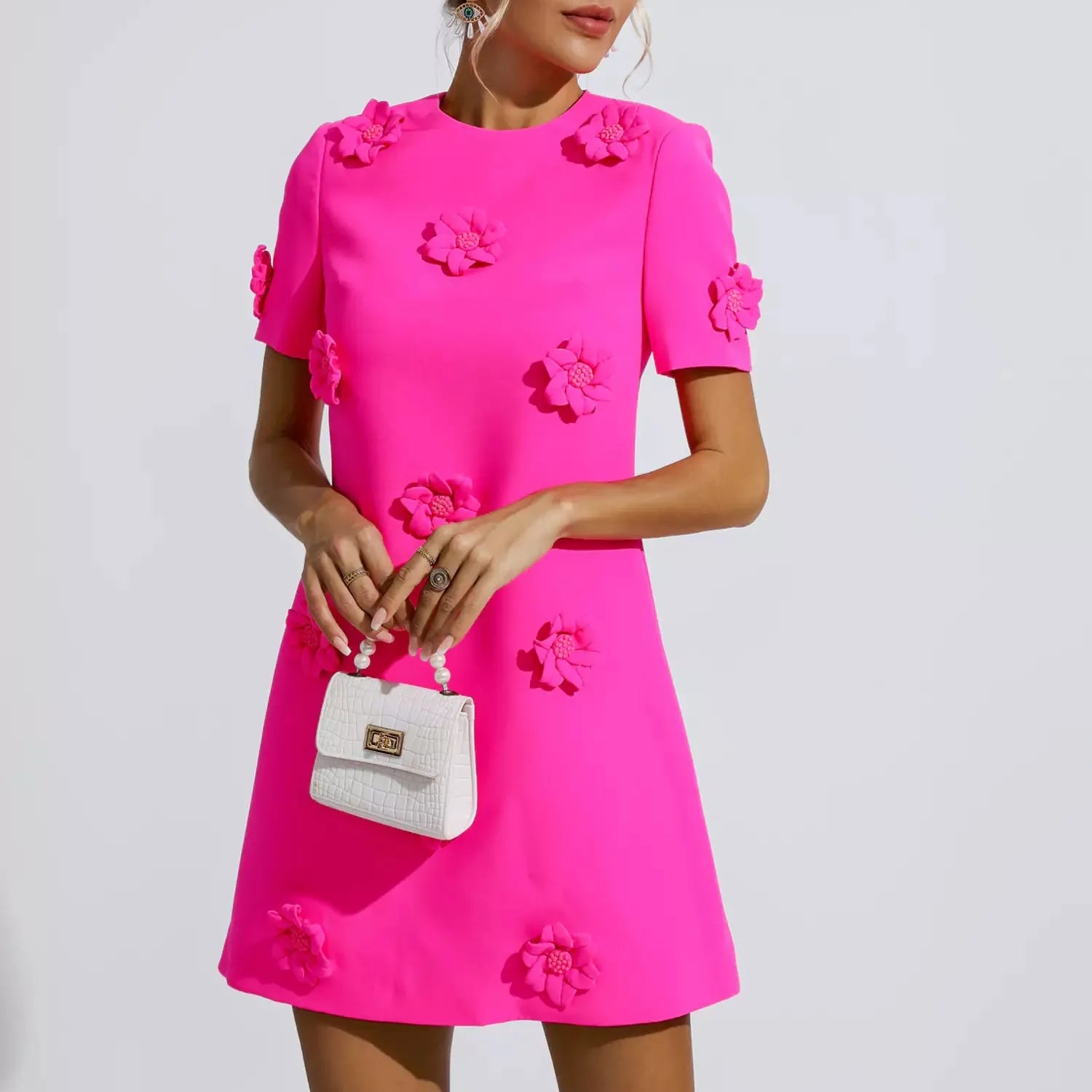 Alison Pembe Jakarlı Çiçekli Mini Elbise (Run Small)