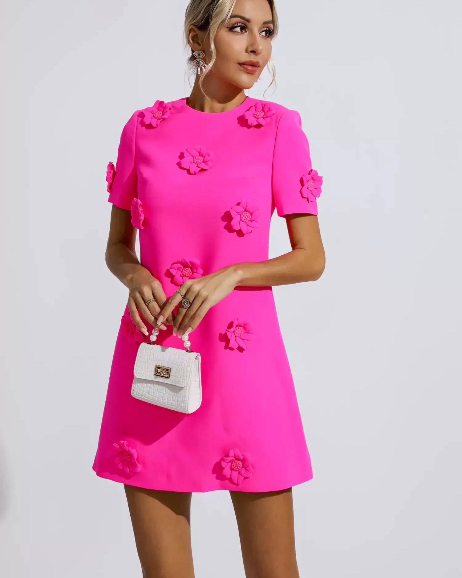 Alison Pembe Jakarlı Çiçekli Mini Elbise (Run Small)