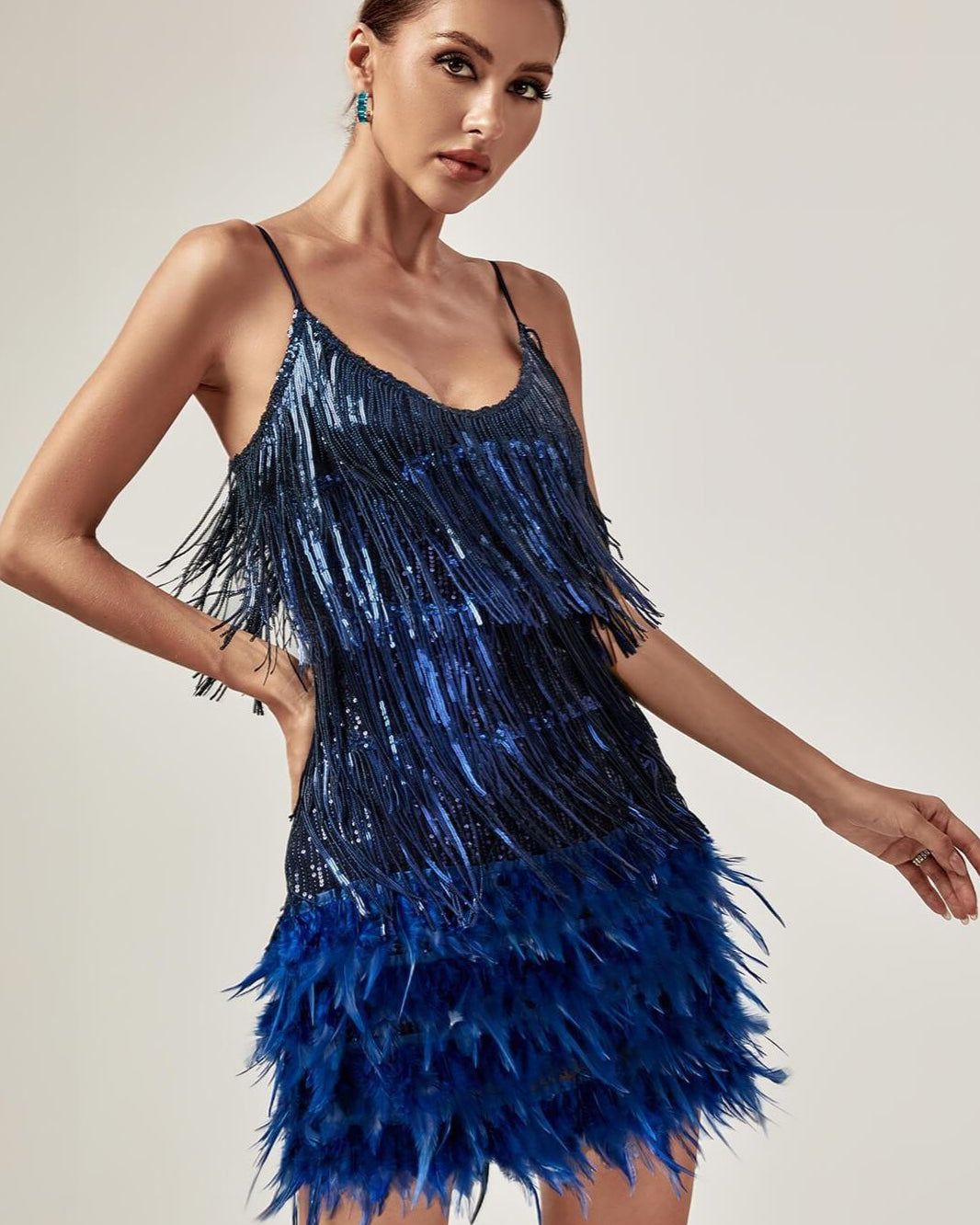 Austyn Püsküllü Tüy Mini Elbise Kraliyet Mavisi