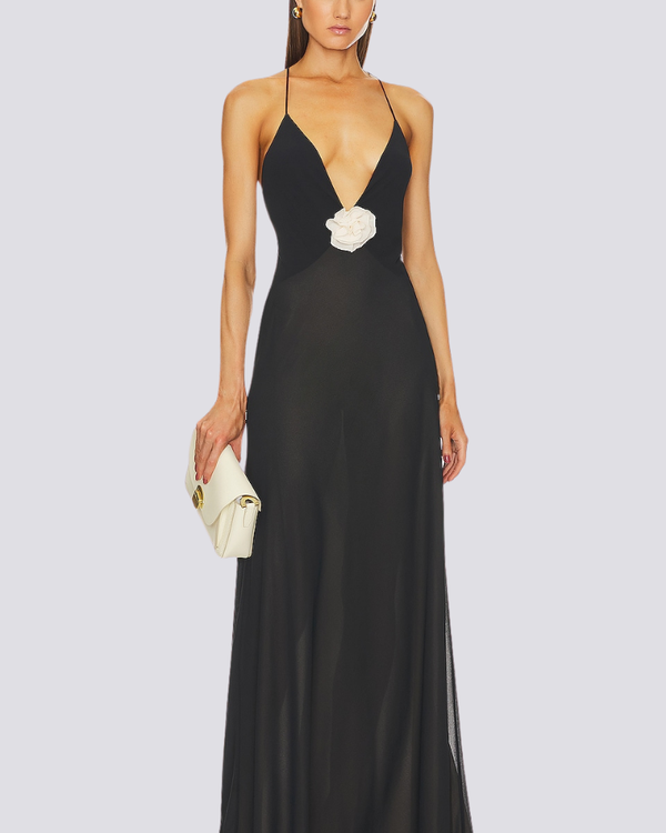 Ava Spagetti Askılı Derin Yırtmaçlı Maxi Elbise