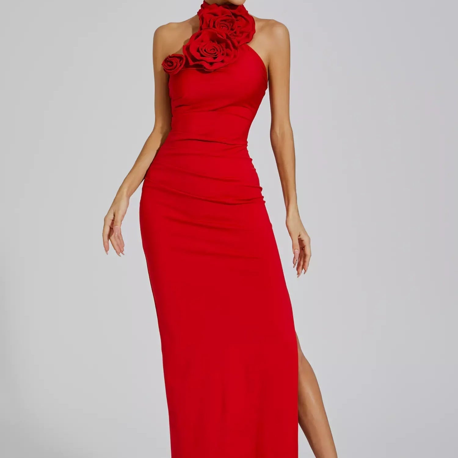 Natalie Kırmızı Çiçekli Dantelli Boyundan Bağlamalı Maxi Elbise