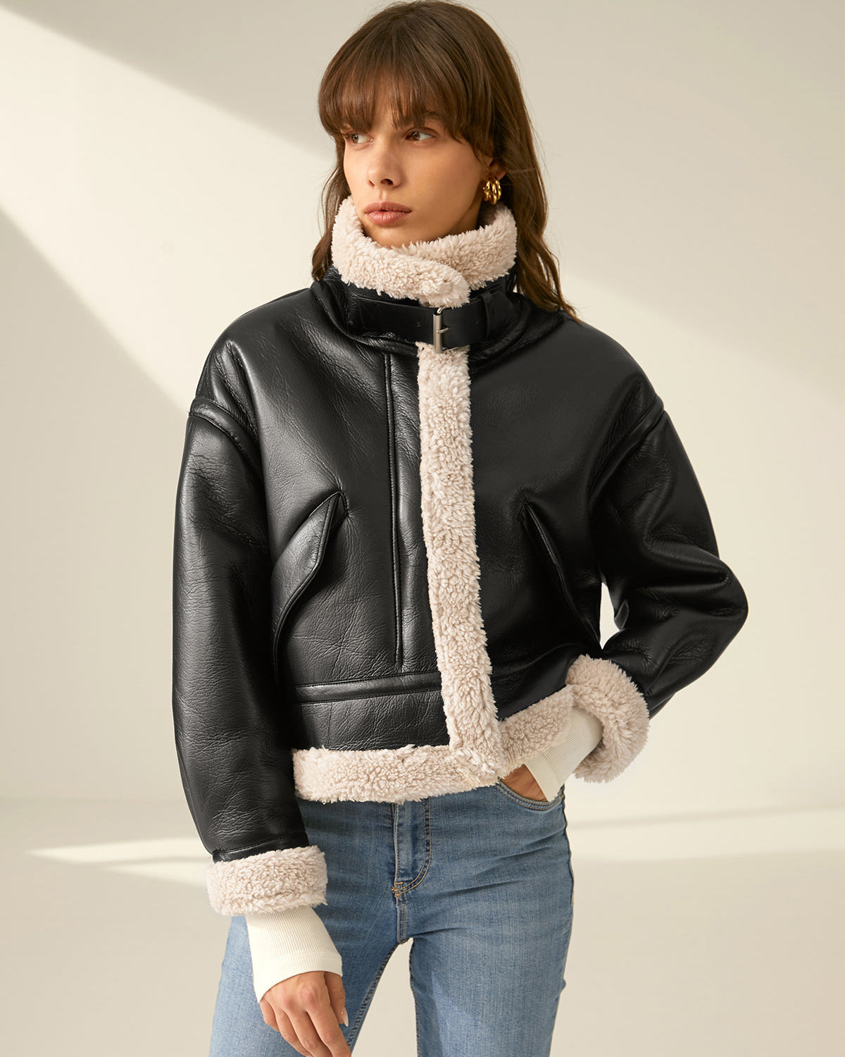 Sherpa Astarlı Koyun Postu Deri Uçuş Ceketi