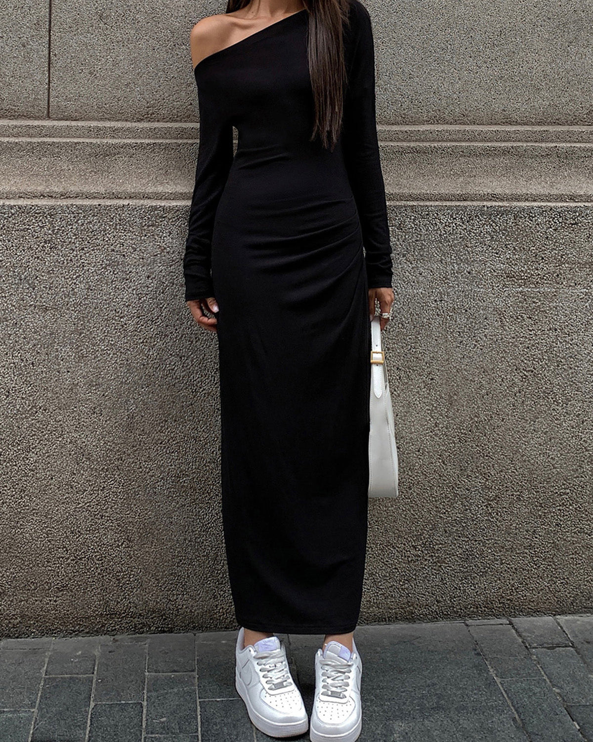 Omuz Açık Yivli Uzun Kollu Örme Uzun Elbise