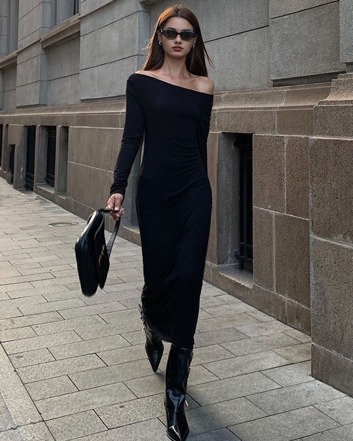 Omuz Açık Yivli Uzun Kollu Örme Uzun Elbise