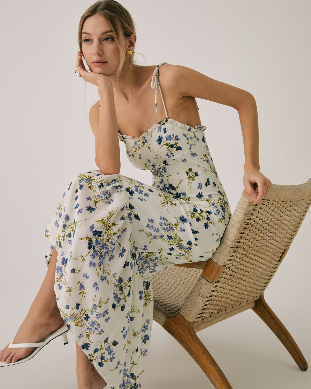 Ruffle Floral Baskılı Askılı Uzun Elbise