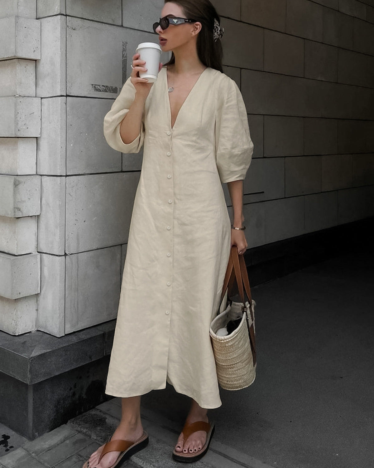 Pamuk Ve Keten Düğmeli Ön Düğümlü Uzun Elbise