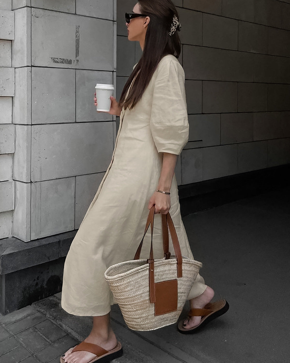 Pamuk Ve Keten Düğmeli Ön Düğümlü Uzun Elbise