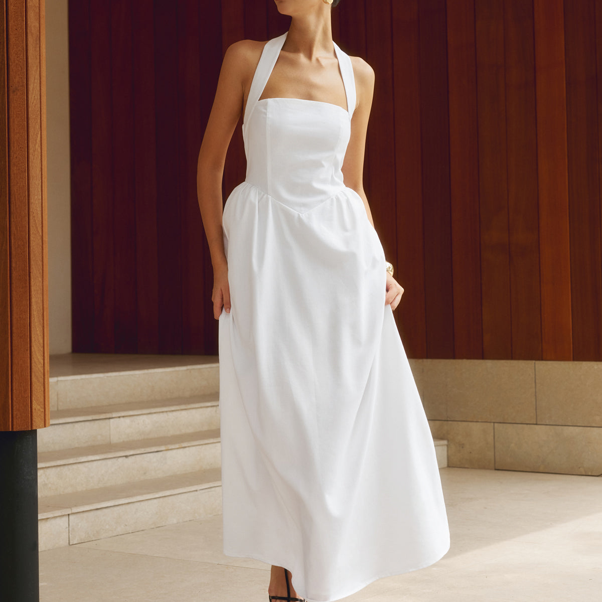 Pamuk Ve Keten Askılı A Kesim Uzun Elbise