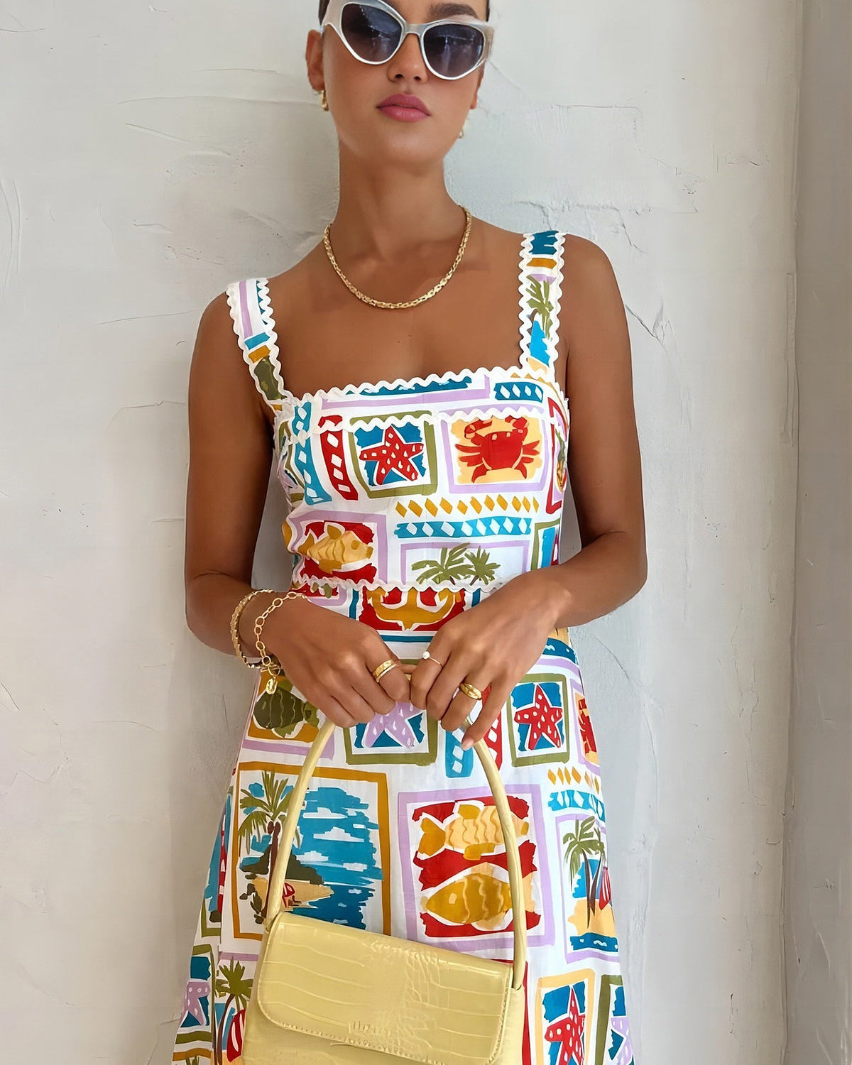 Graffiti Baskılı Kolsuz Uzun Elbise