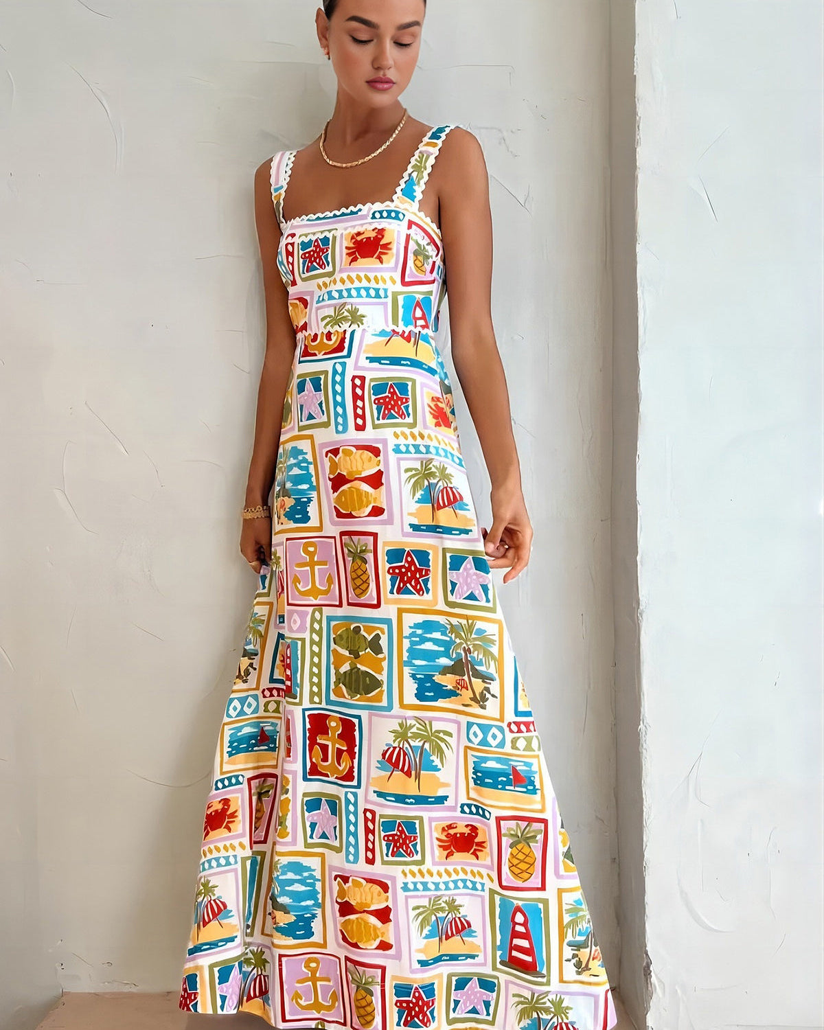 Graffiti Baskılı Kolsuz Uzun Elbise