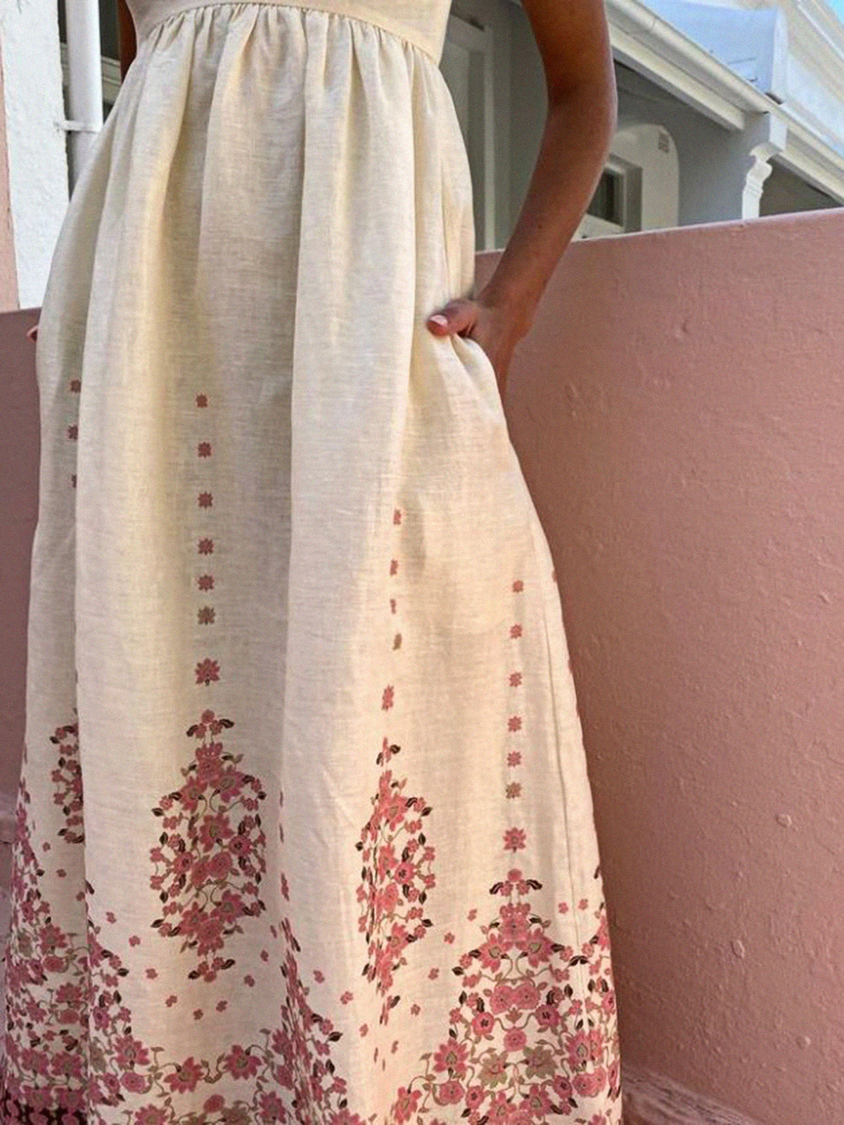 Çiçek Desenli Sırtı Bağlamalı Uzun Elbise