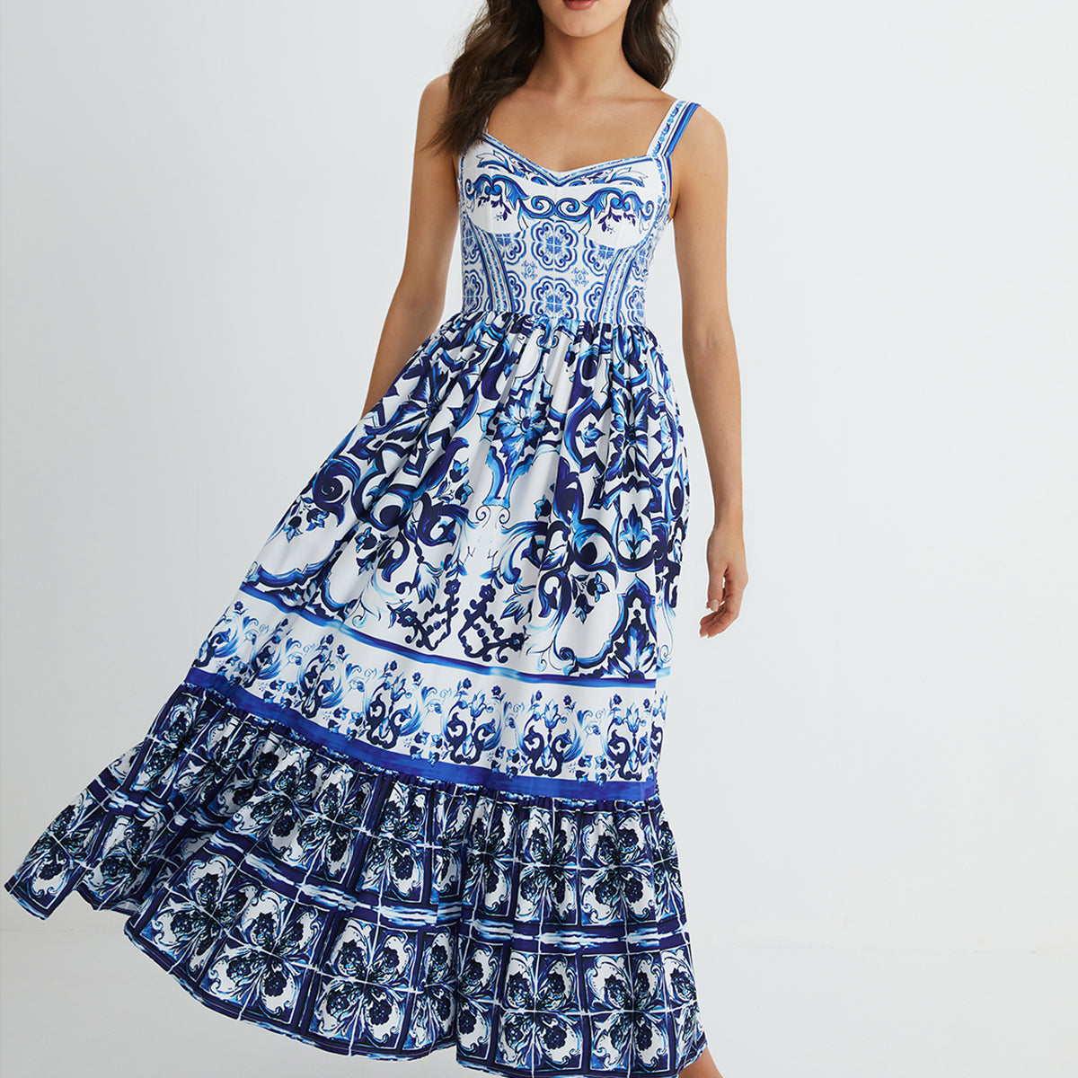 Baskılı Askılı Pileli Uzun Elbise