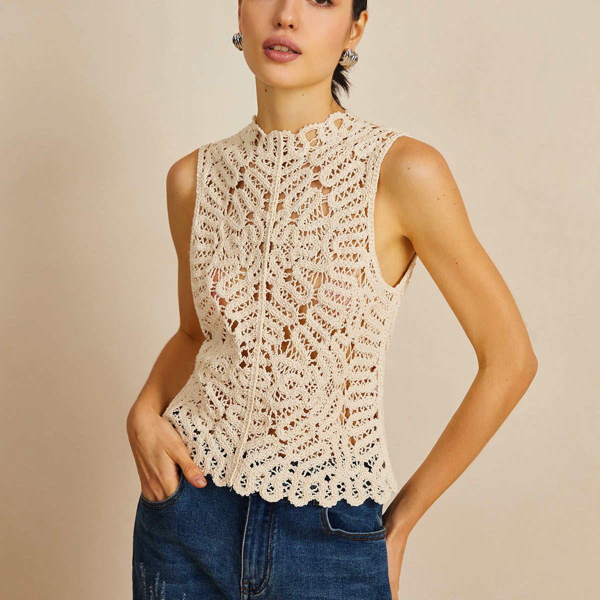 Çiçekli Tığ İşi Hollow Out Kazak Yelek