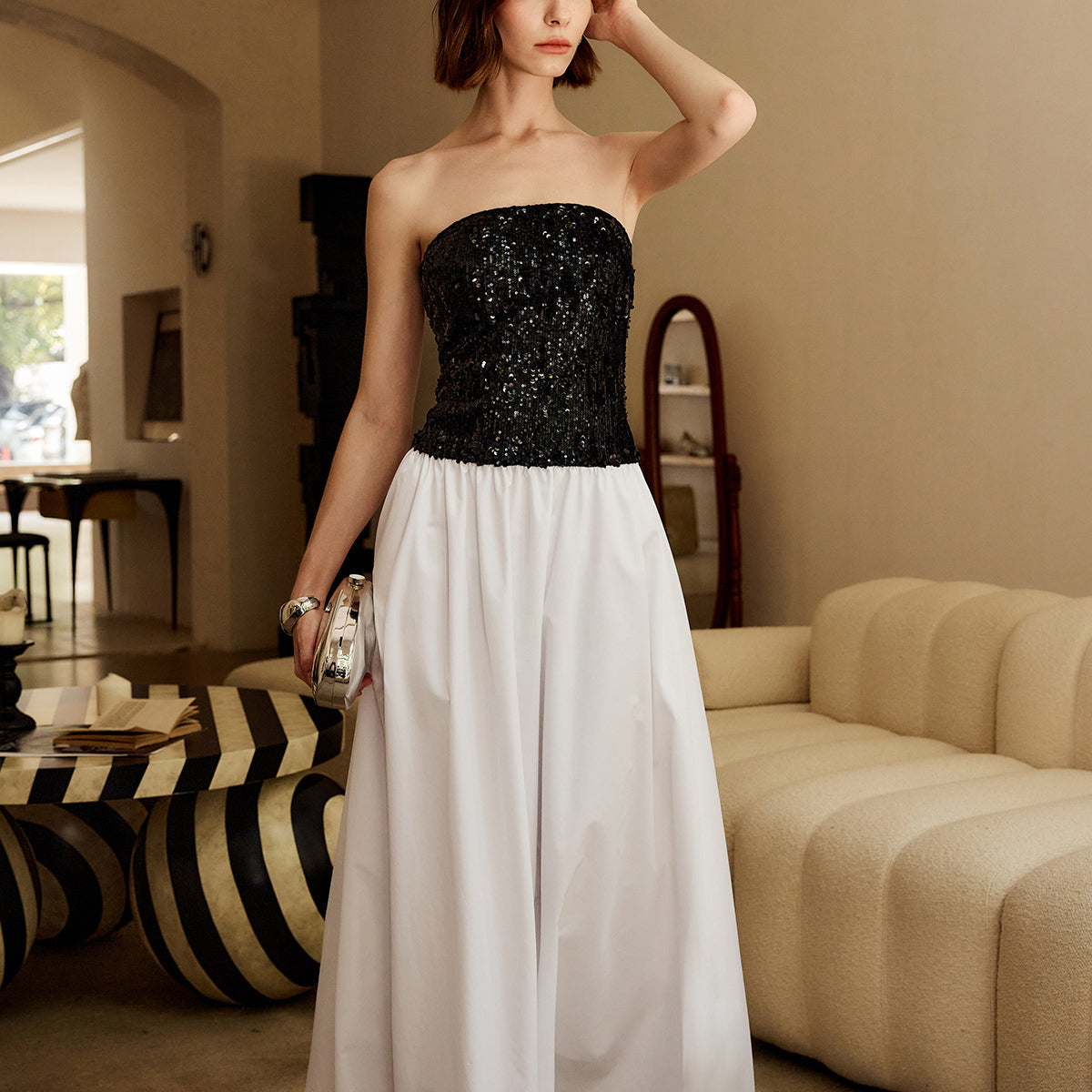 Pliseli Payetler Tüp Uzun Elbise