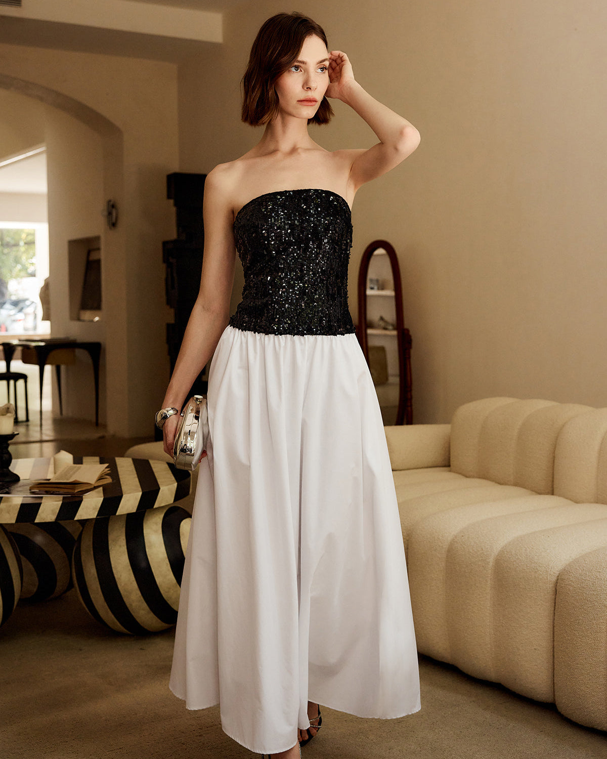 Pliseli Payetler Tüp Uzun Elbise