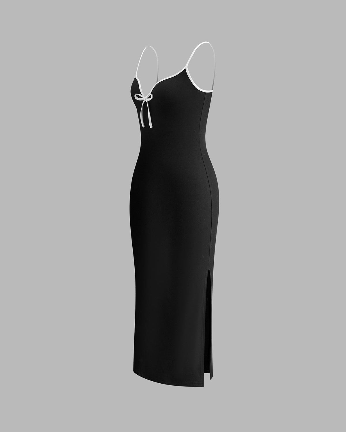 Kaburga Kontrast Fiyonklu Askılı Uzun Elbise