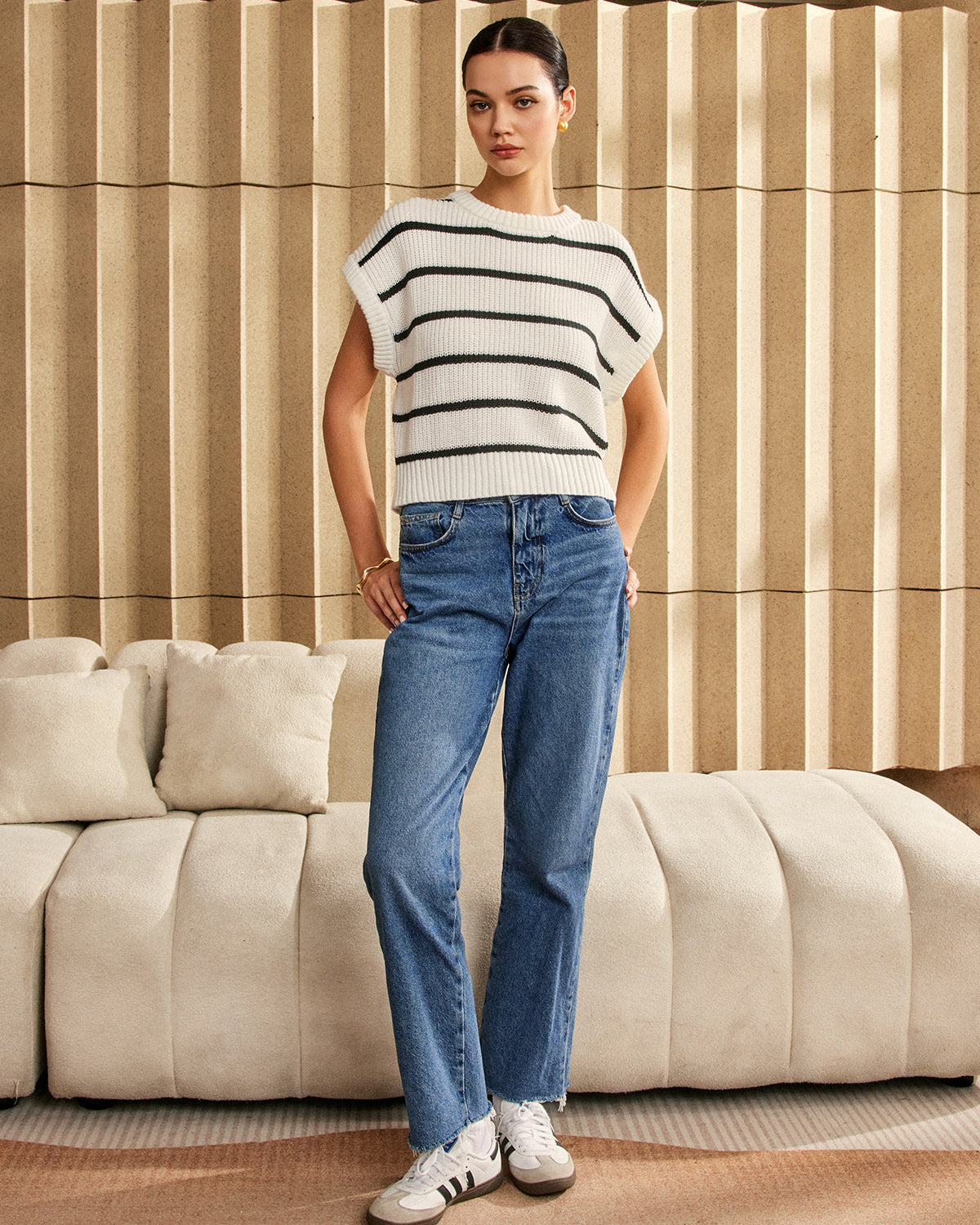 Büyük Boy Çizgili Kısa Kollu Kazak