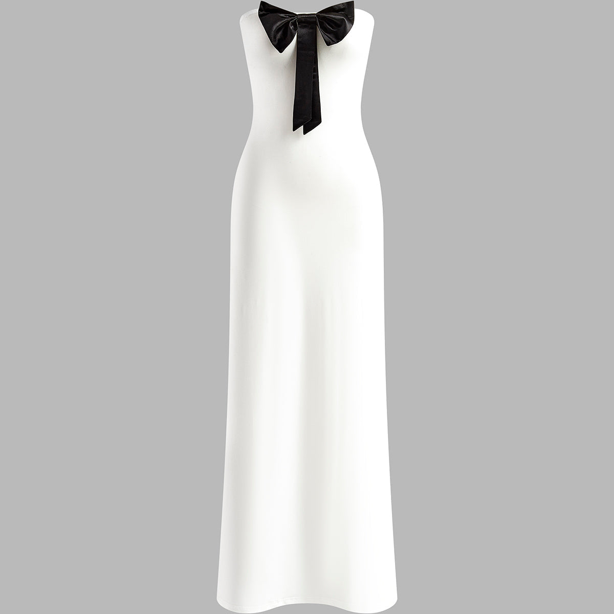 Önü Fiyonklu Straplez Yarık Uzun Elbise