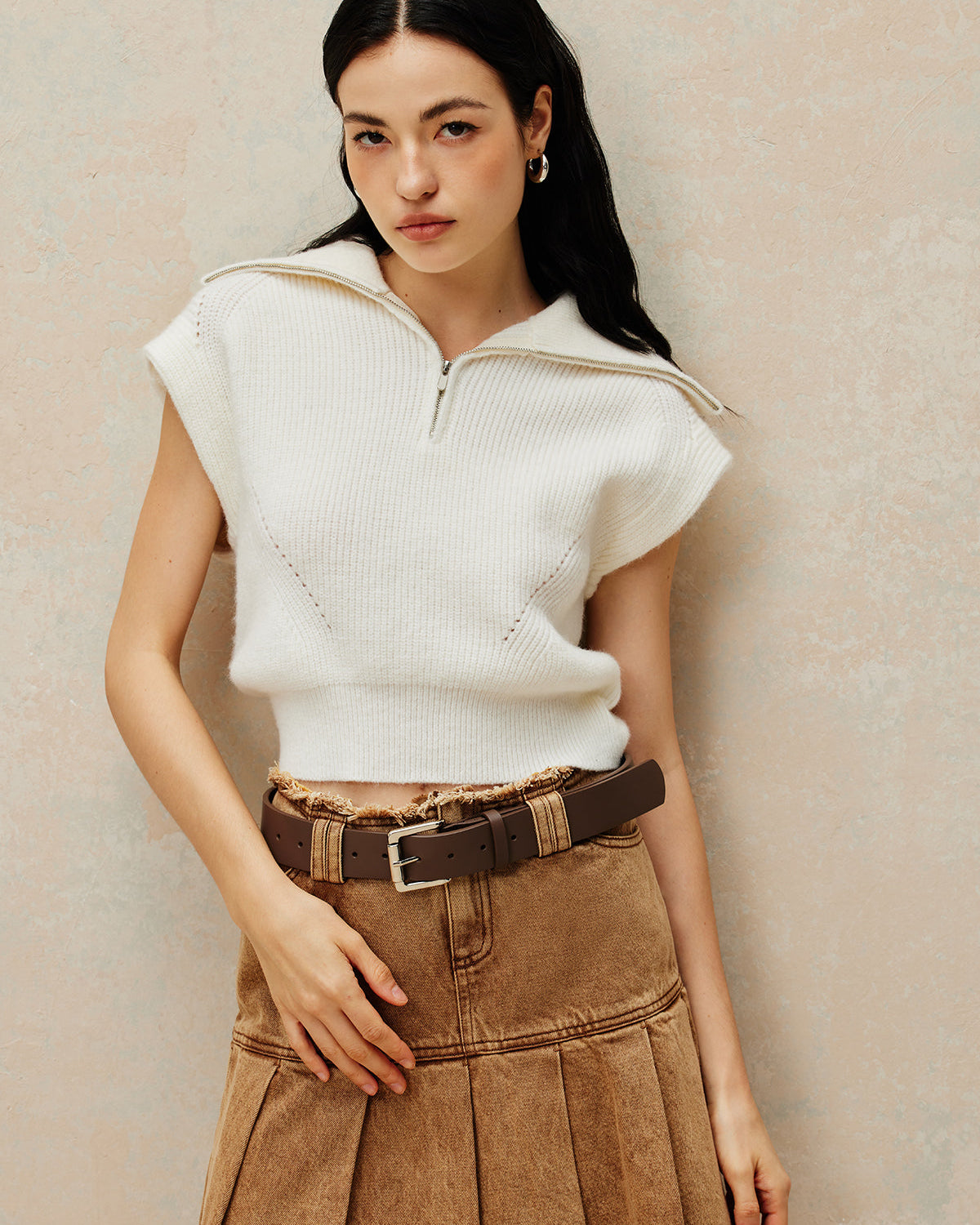 Kaburga Yaka Fermuarlı Kazak Yelek