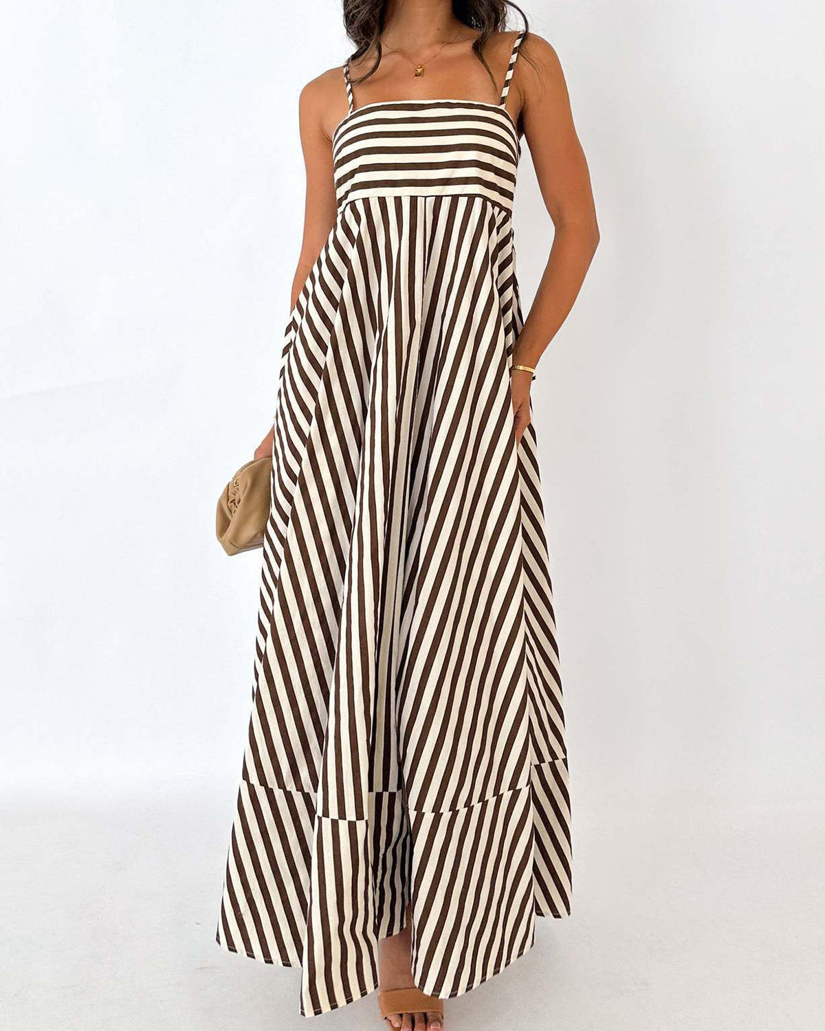 Çizgili Pileli Askılı Uzun Elbise