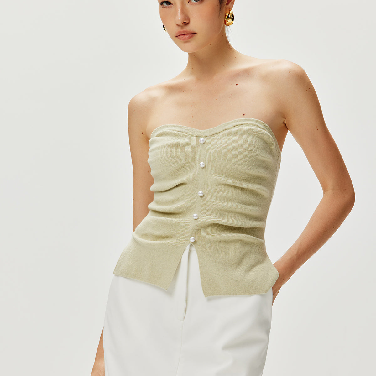 Straplez Bölünmüş İnci Kazak Yelek