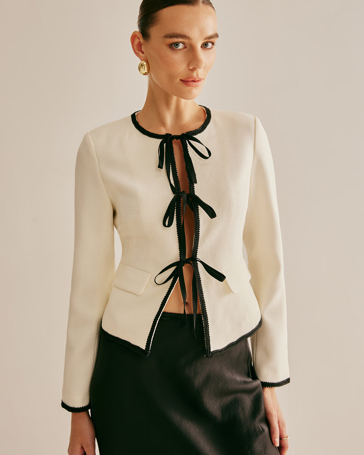 Kontrast Trim Ön Bağcıklı Ceket