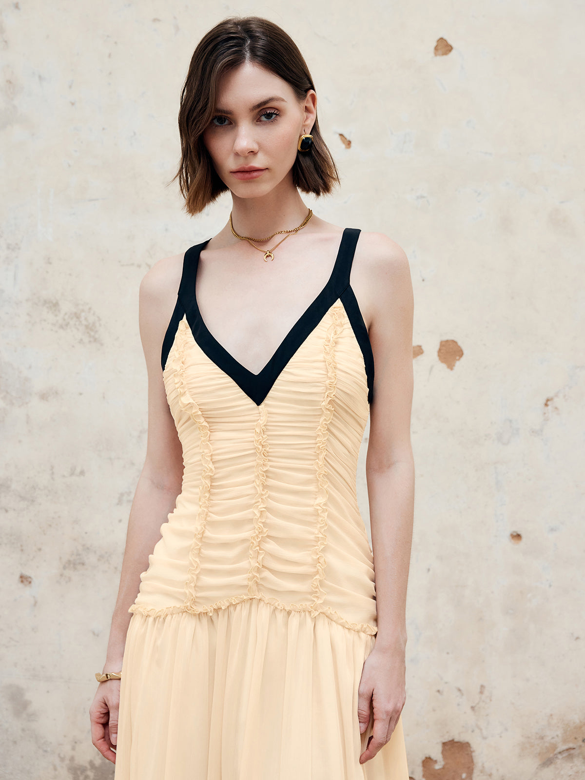 Kontrast Bağlamalı Pileli Uzun Elbise