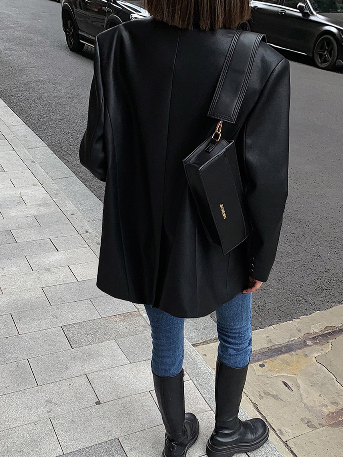 Lapel Detaylı Deri Blazer