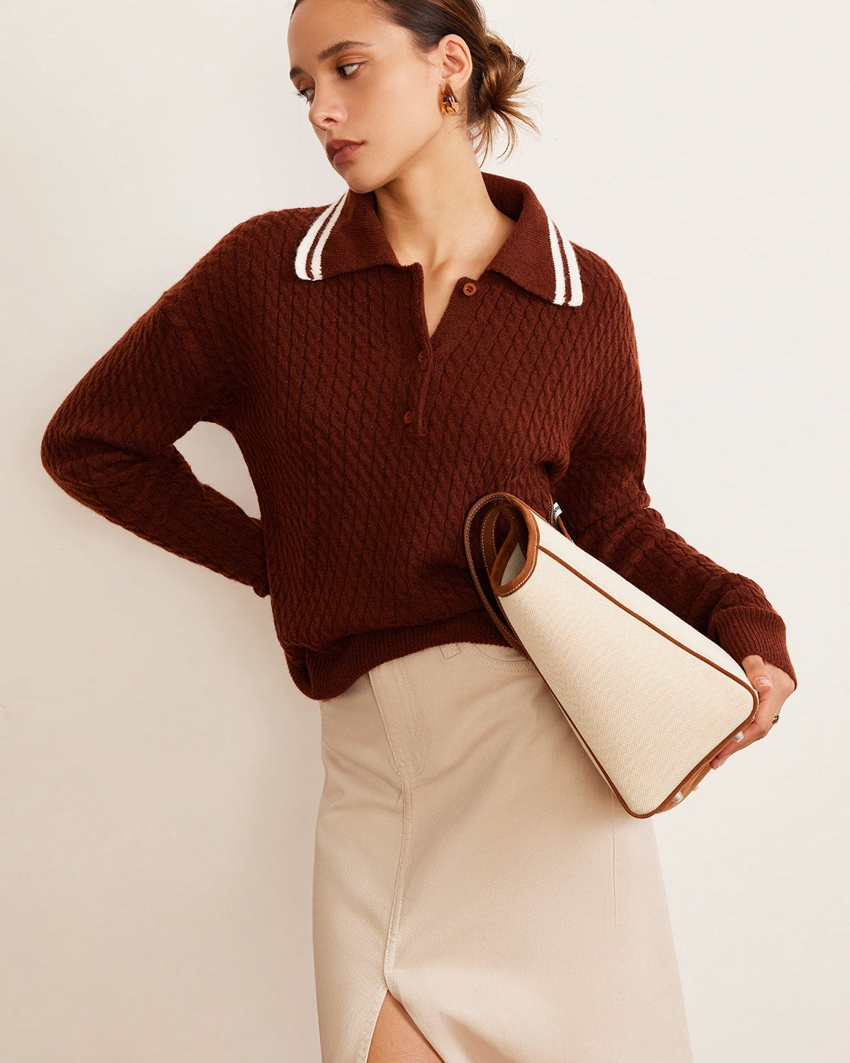 Kablo Örgü Düğmeli Polo Kazak