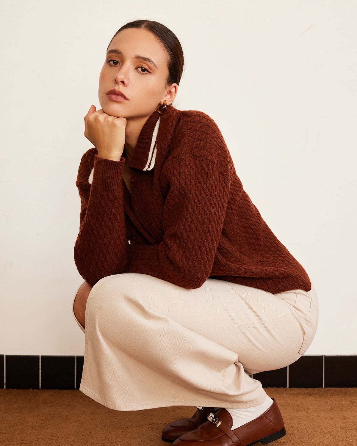 Kablo Örgü Düğmeli Polo Kazak