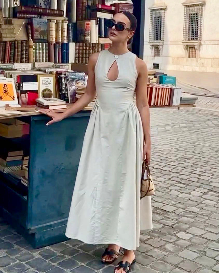 Pamuk Ve Keten Pileli Kesim Uzun Elbise