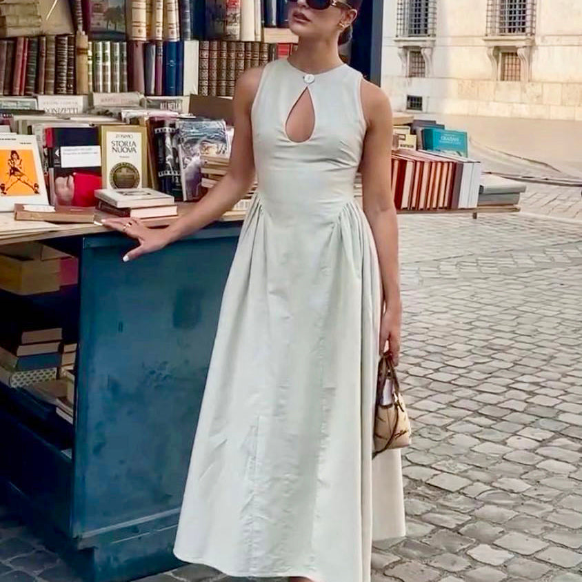 Pamuk Ve Keten Pileli Kesim Uzun Elbise