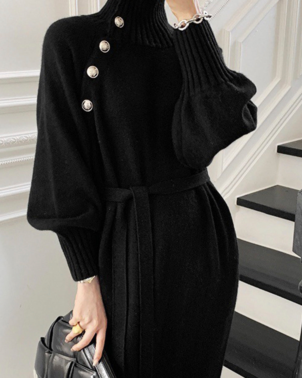 Balıkçı Yaka Düğmeli Kemerli Kazak Elbise