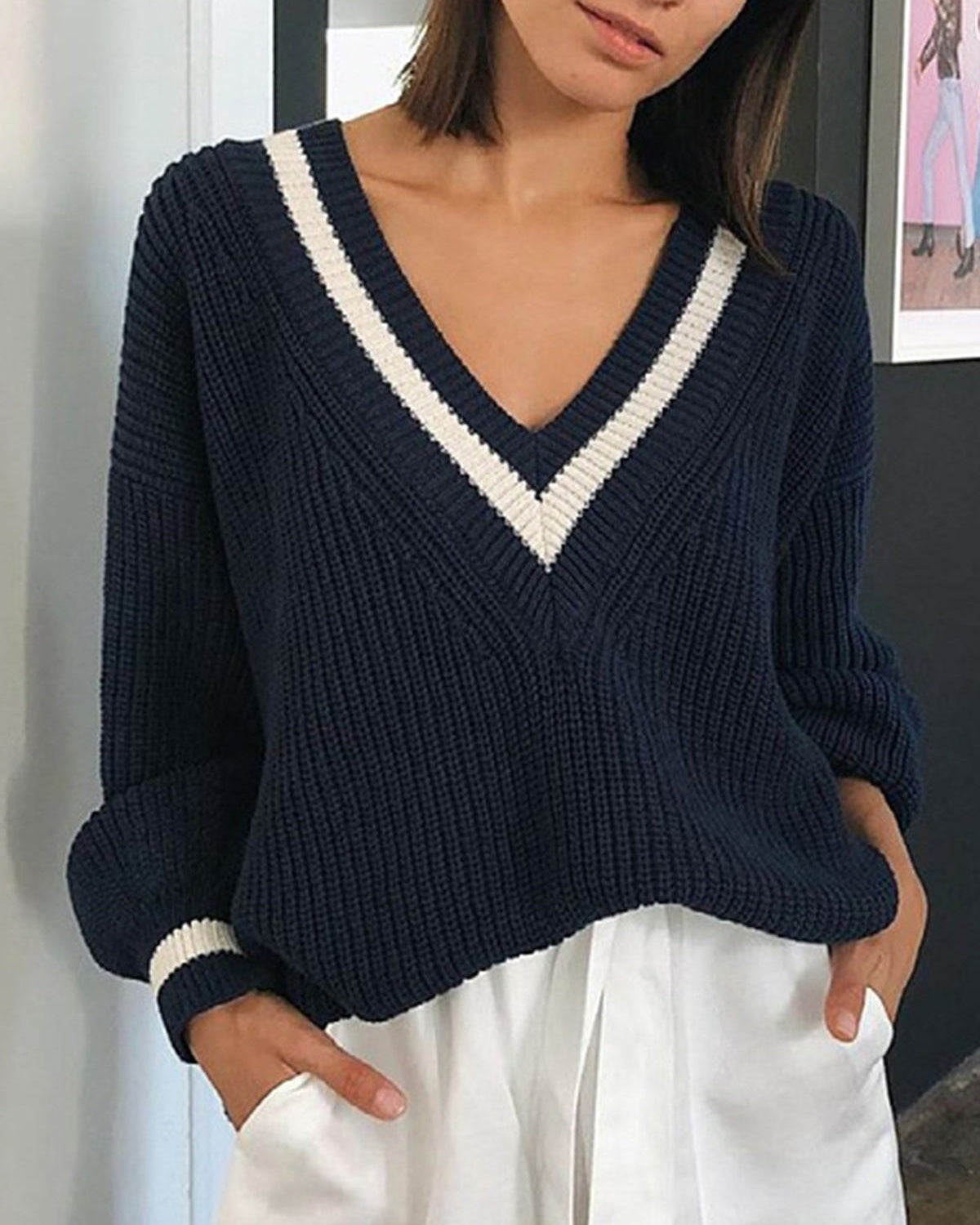 V Yaka Kontrast Kesim Kazak