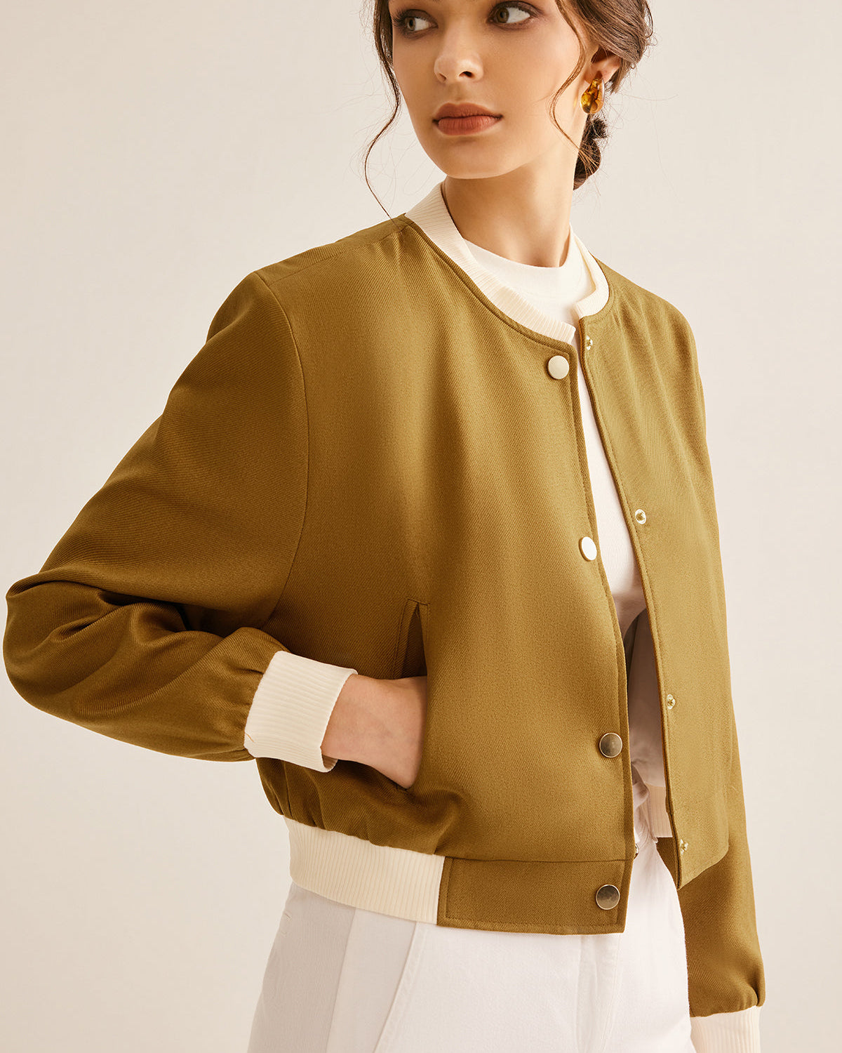 Büyük Boy Yuvarlak Yaka Kontrast Kesim Düğmeli Ceket