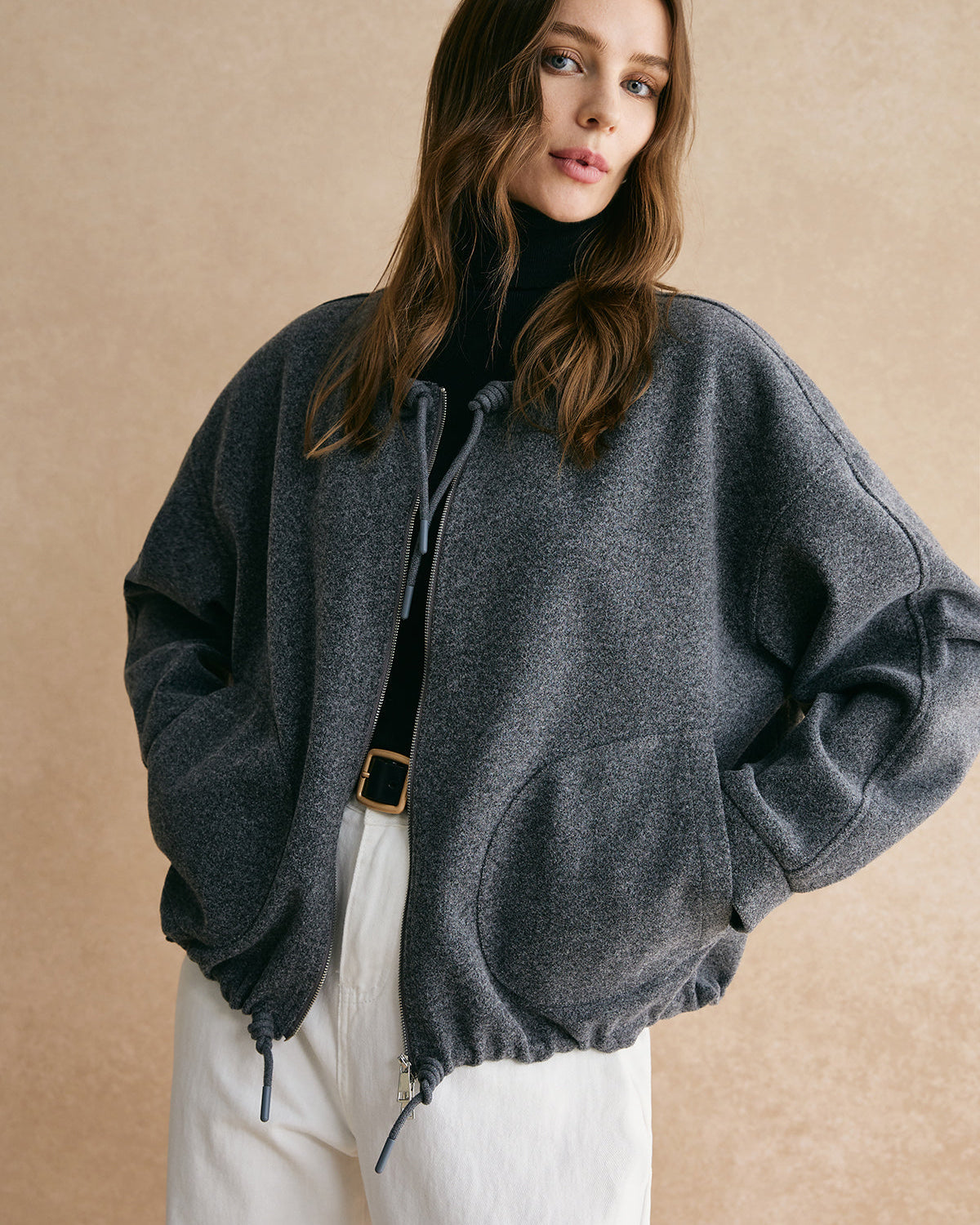 Bağcıklı Fermuarlı Bol Ceket