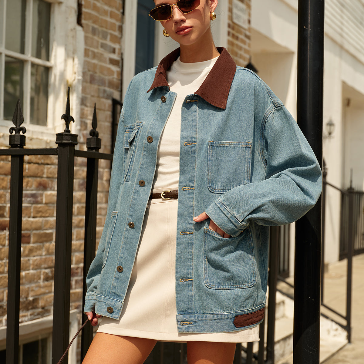 Kontrast Yaka Çok Yönlü Kot Ceket