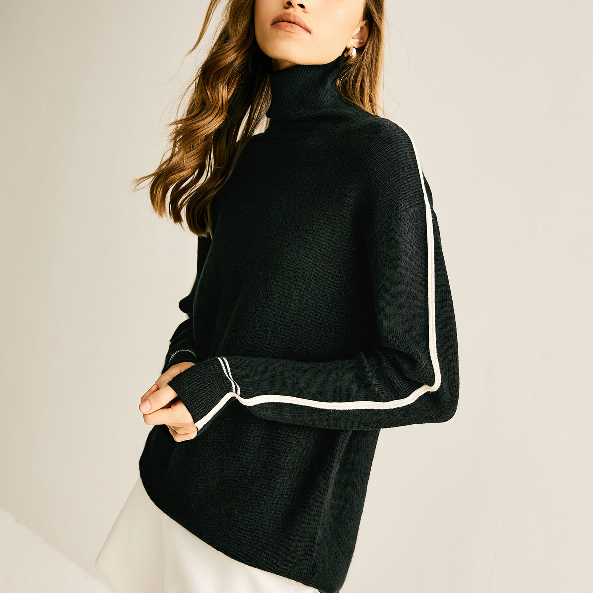 Yan Kontrast Çizgili Balıkçı Yaka Kazak