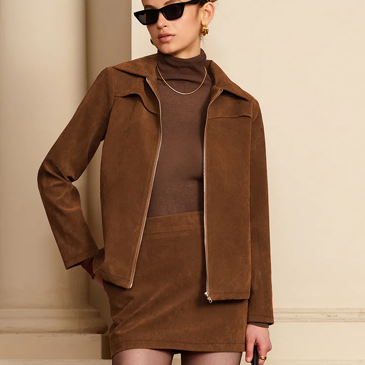 Omuz Pedli Süet Fermuarlı Ceket