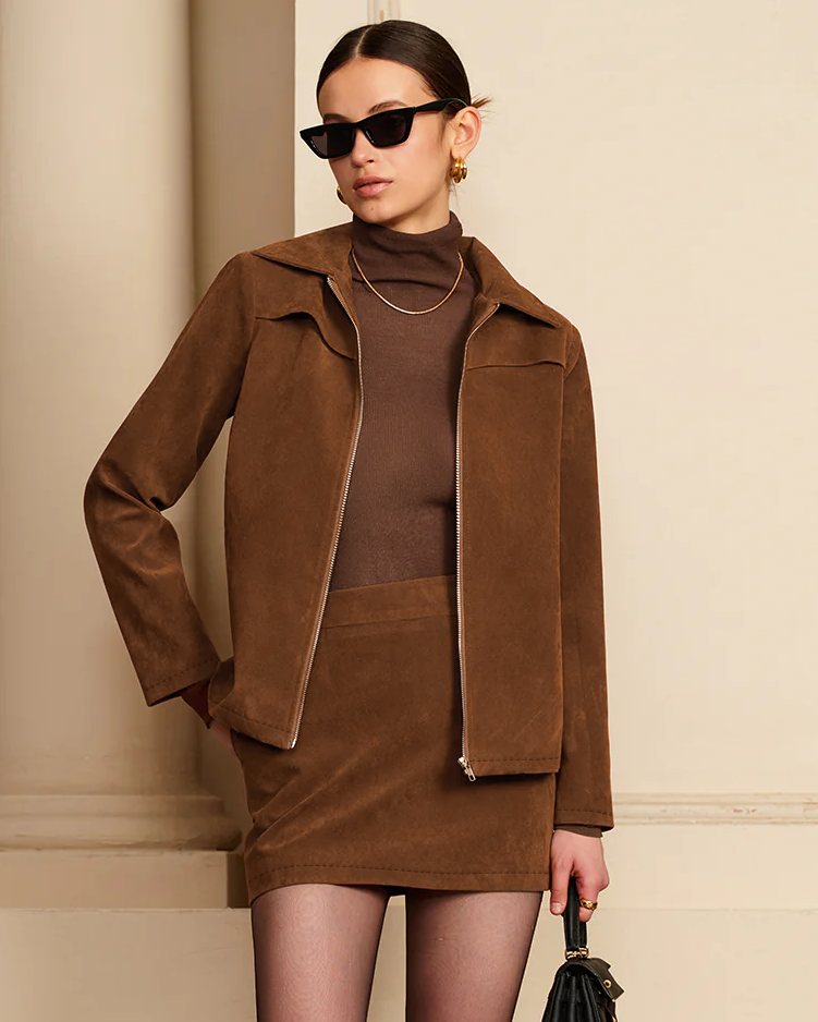 Omuz Pedli Süet Fermuarlı Ceket