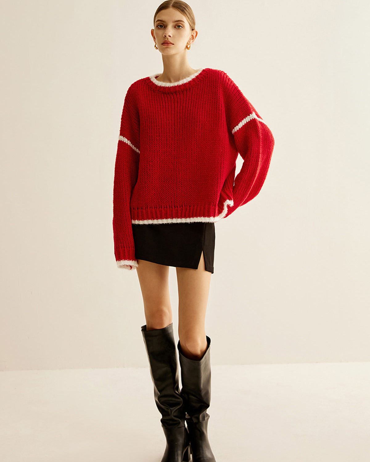 Yuvarlak Yaka Kontrast Bağlamalı Kazak