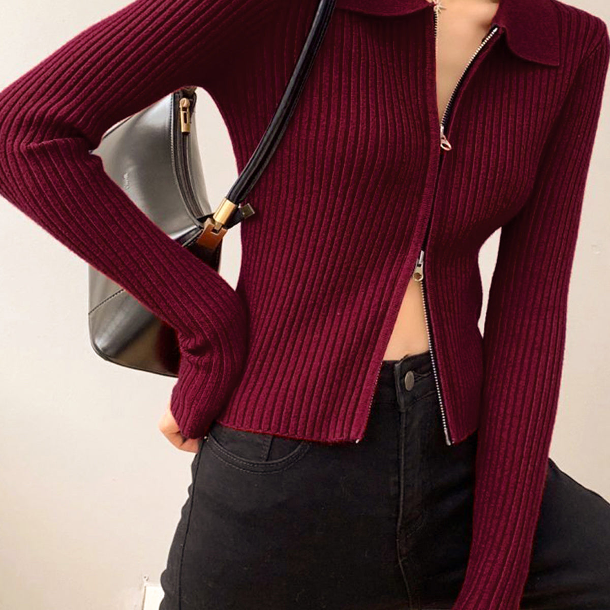 Çift Fermuarlı Yivli Küçük Kazak