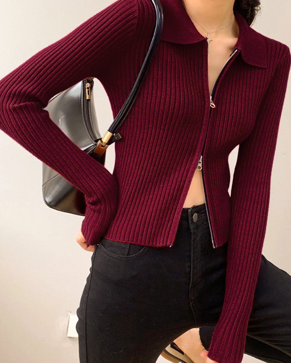 Çift Fermuarlı Yivli Küçük Kazak