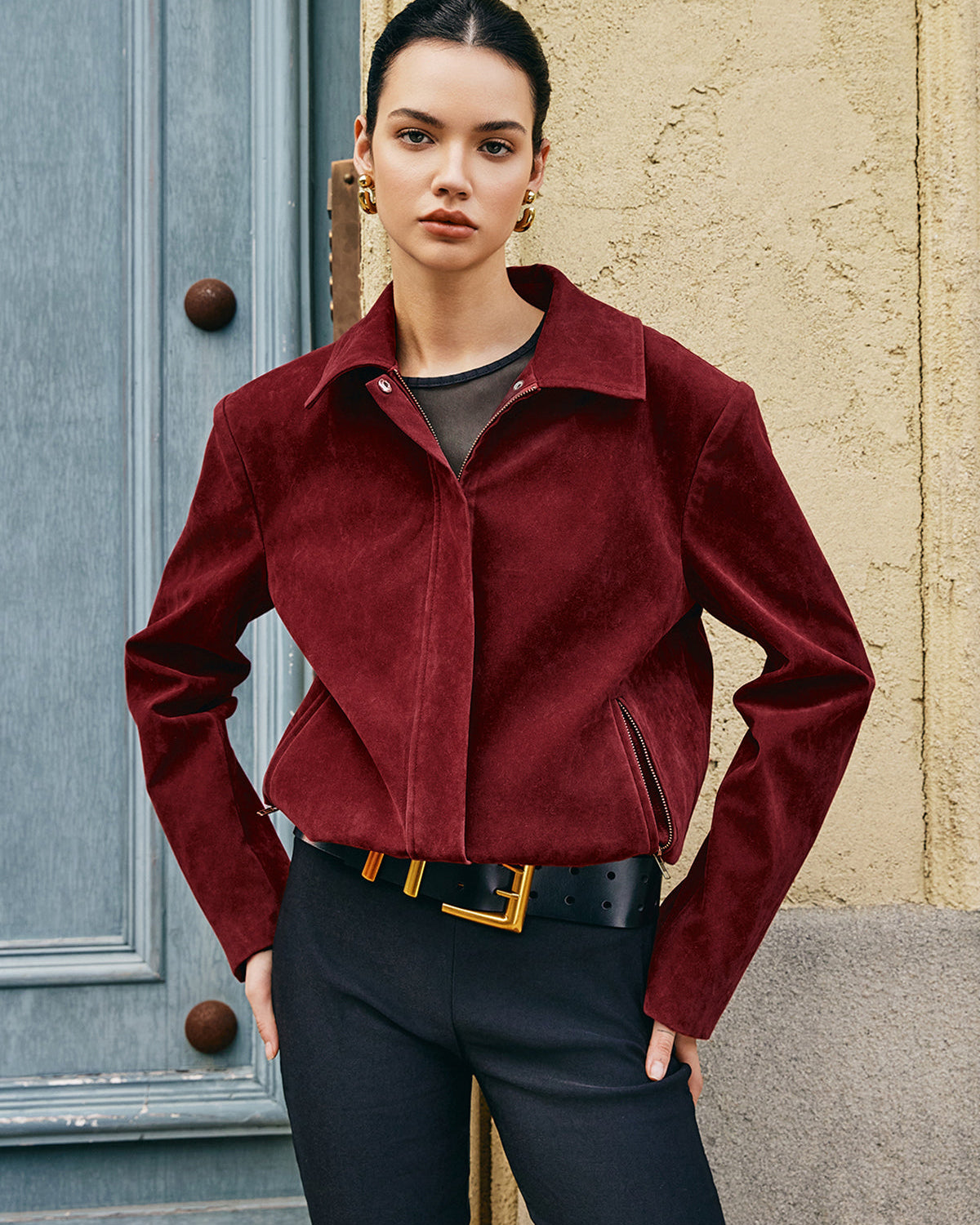 Fermuarlı Cepli Yaka Süet Ceket