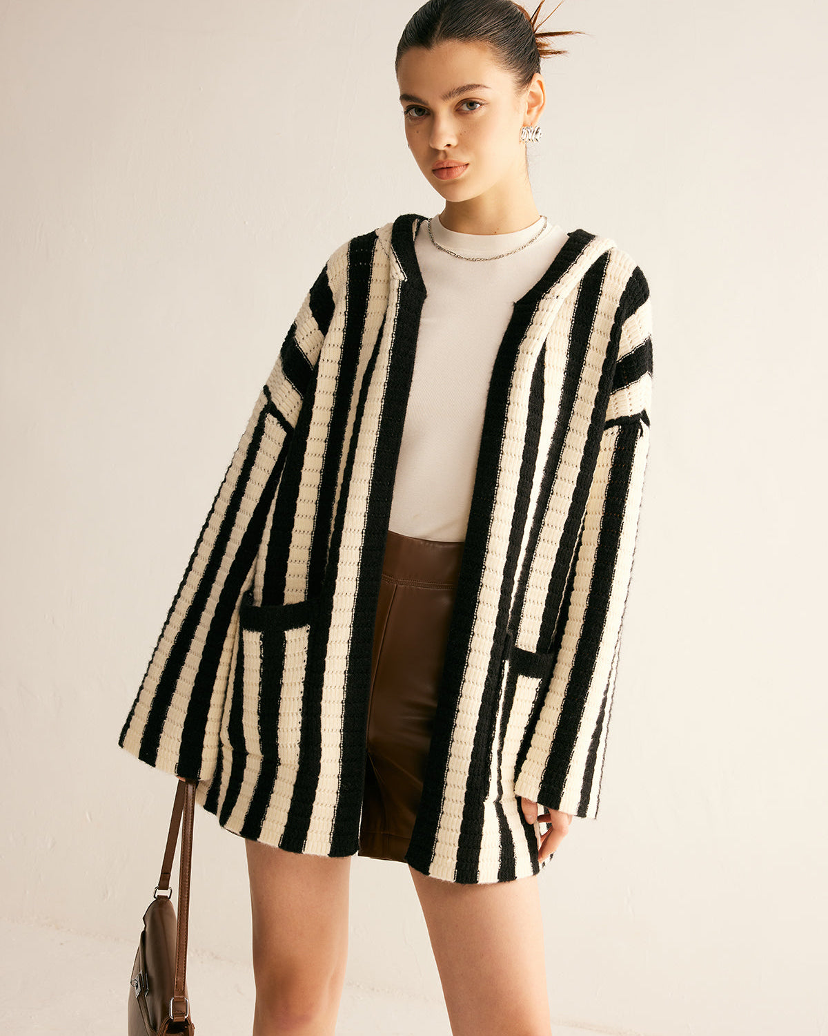 Kontrast Çizgili Kapüşonlu Hırka