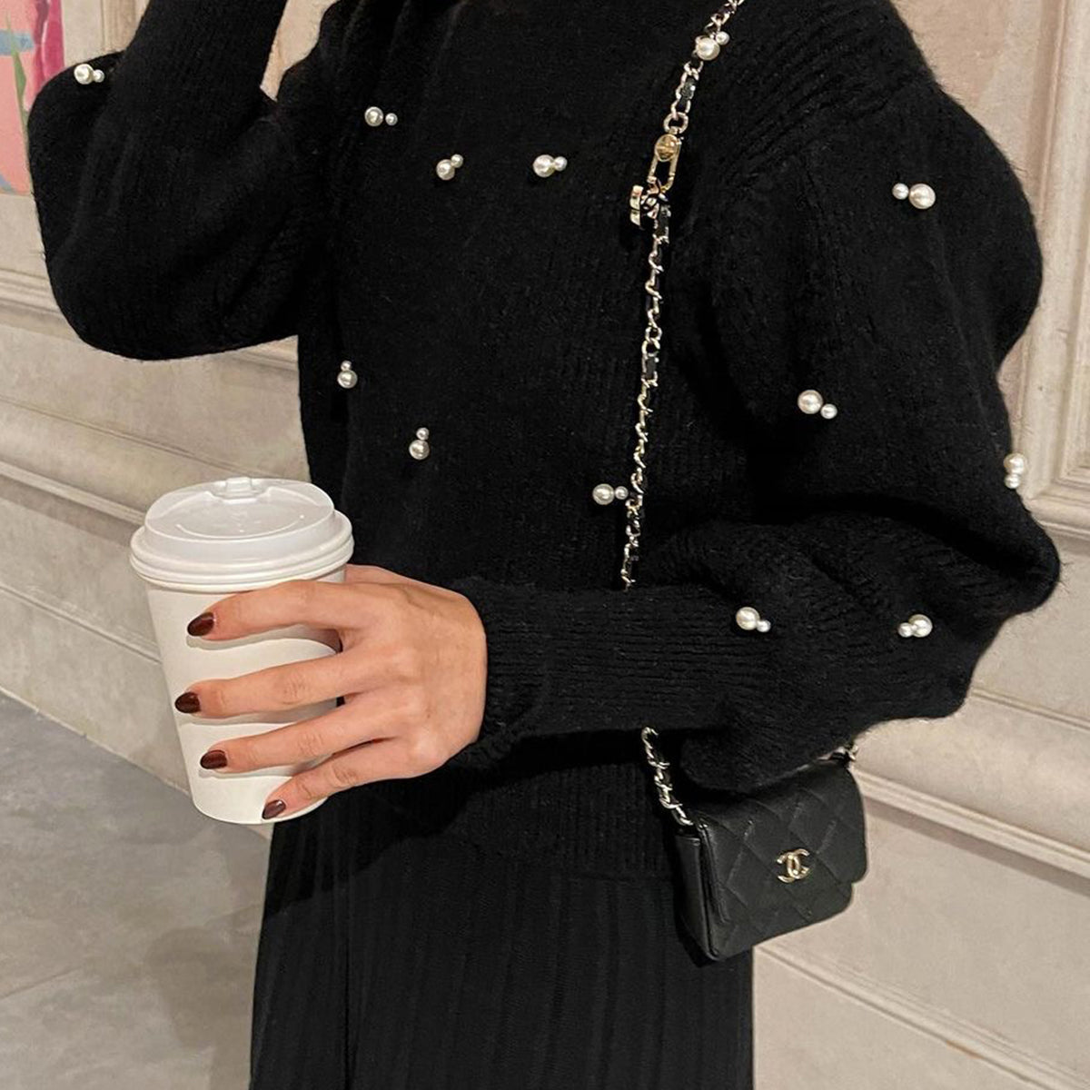 İnci Boncuklu Büzgülü Kazak