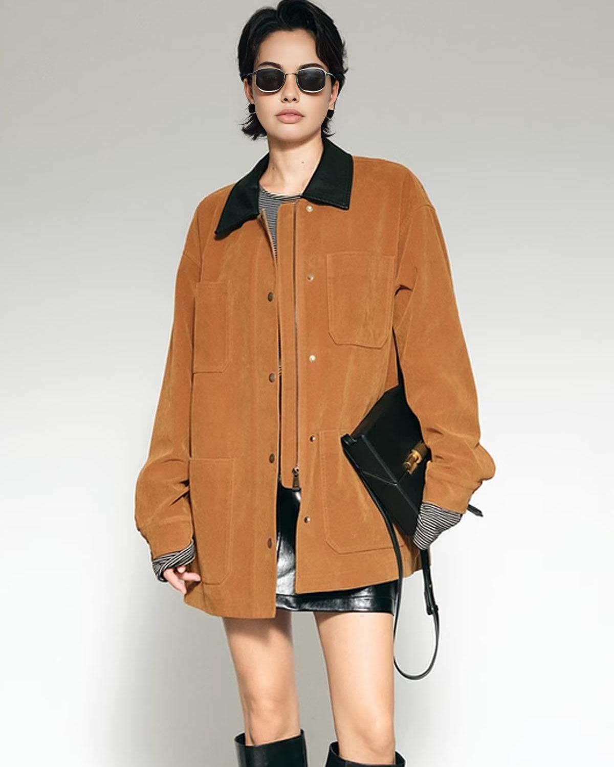 Kontrast Yaka Büyük Boy Süet Ceket