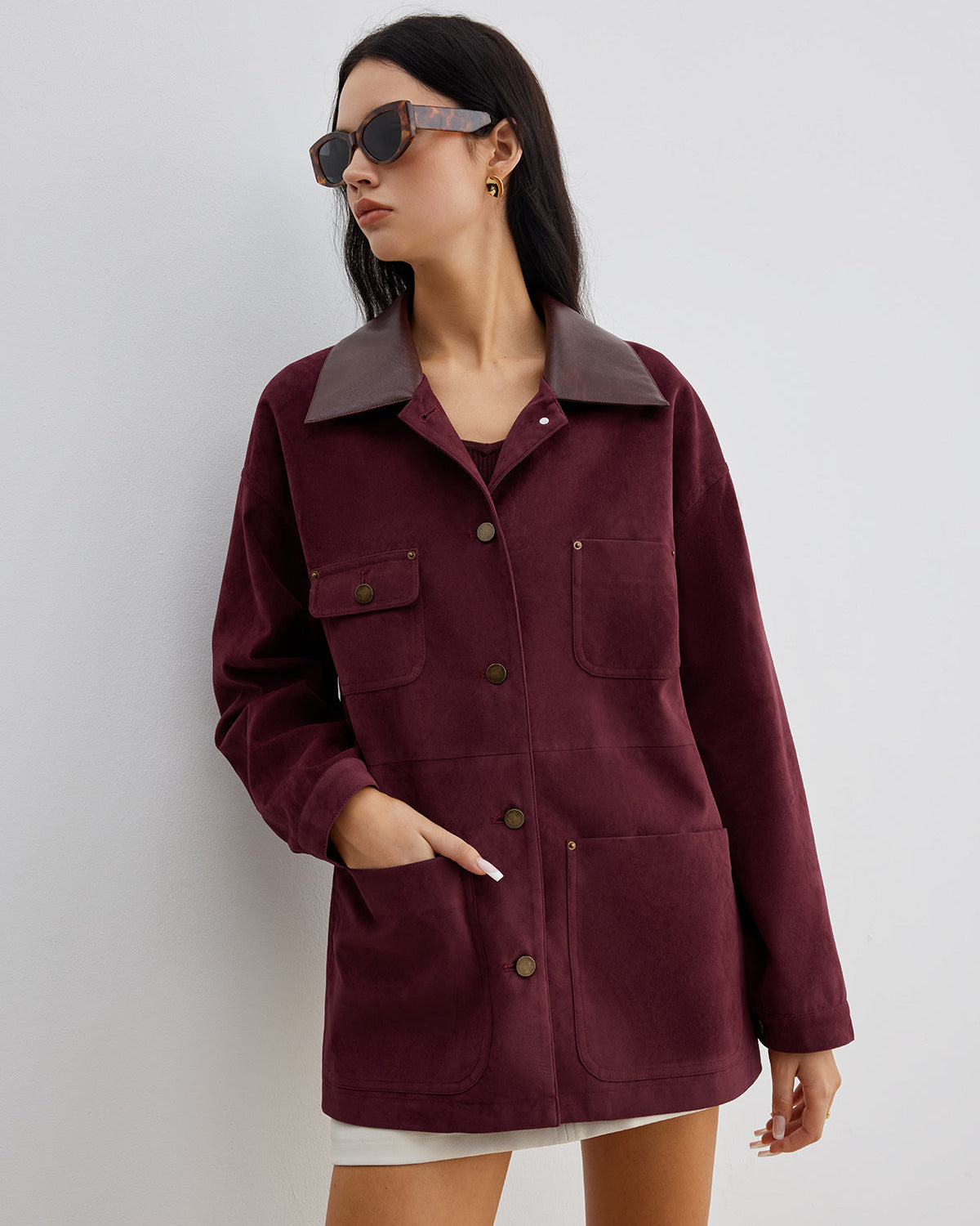 Süet Kontrast Yaka Cepli Ceket