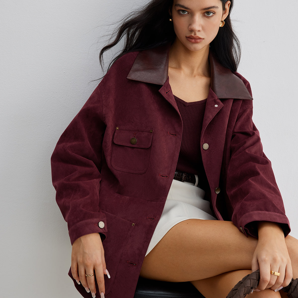 Süet Kontrast Yaka Cepli Ceket