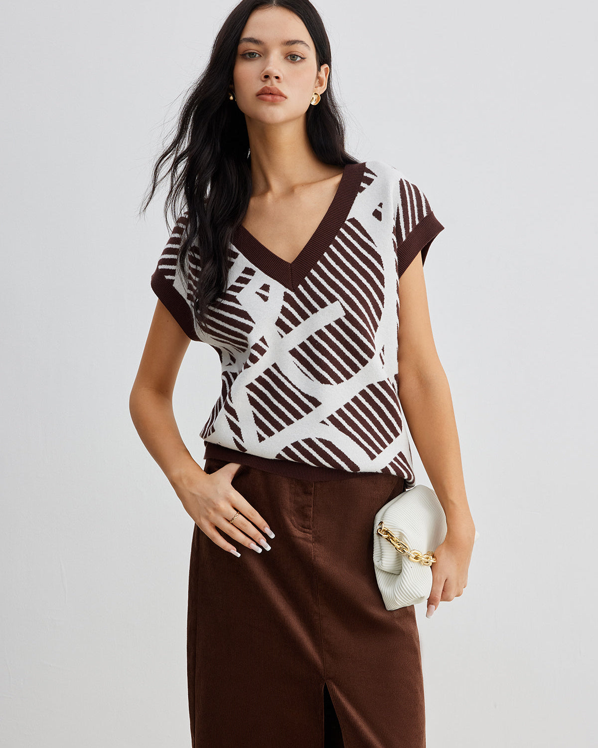 Geometrik Desenli Kontrast Çizgili Süveter